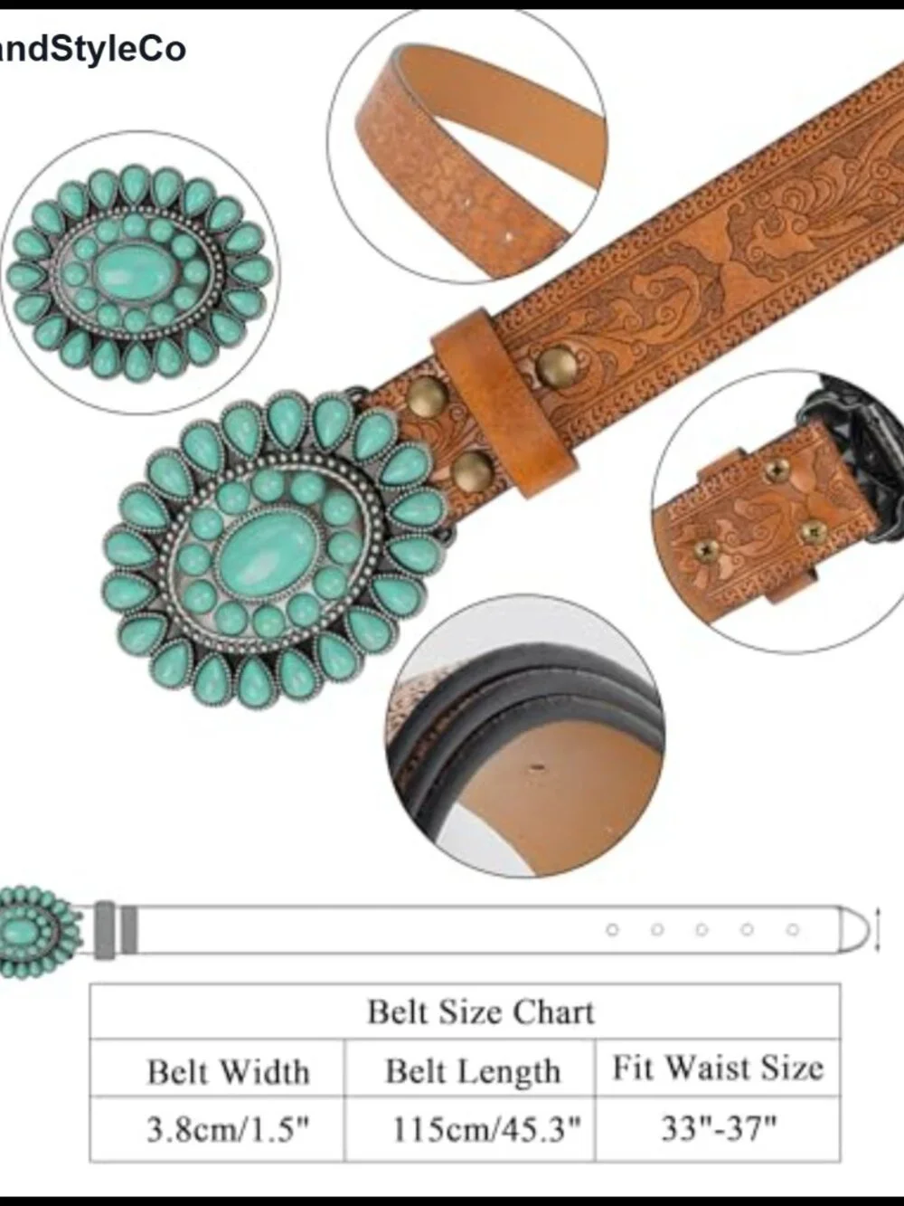 Women's PU Leather Western Belts with Rhinestone Turquoise Buckle
